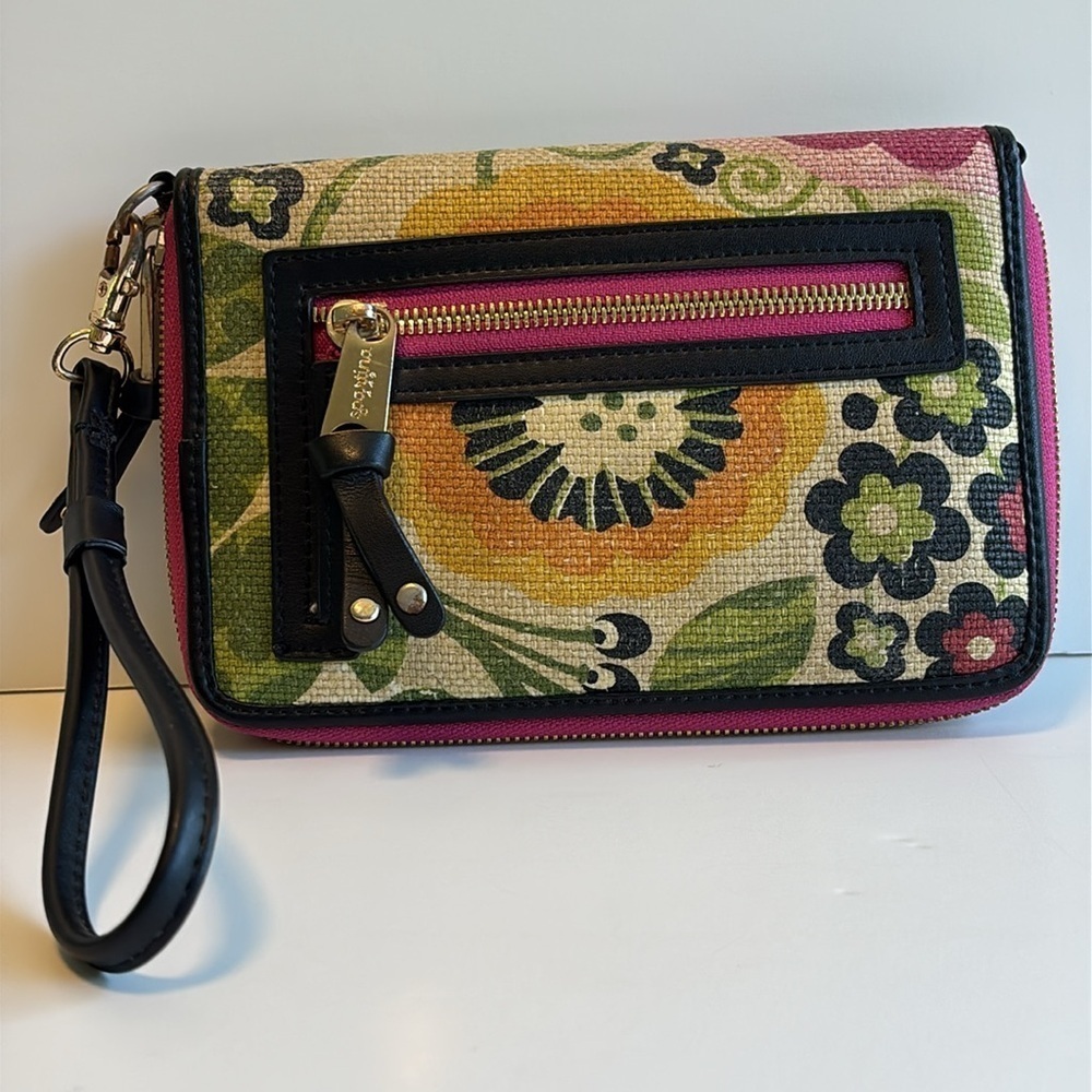 Spartina 449 Leather Linen Zipper Wristlet Wallet Snap Phone Floral